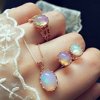 Pendant Necklace sets For Woman Jewelry Sets Opal Women Choker Water Drop Earrings Rose Gold Color Boho Bride Jewelry Set bijoux