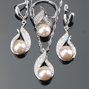 Natural Pearl Silver 925 Bridal Jewelry Sets Women Jewellery With Zircon Pearls Set of Earrings Pendant Necklaces Ring Gift Box