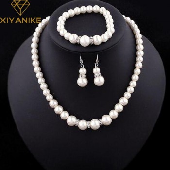 Fashion Classic Imitation Pearl Silver Plated Clear Crystal Top Elegant Party Gift Fashion Costume Pearl Jewelry Sets N85
