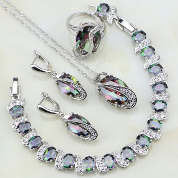 Mystic Rainbow Cubic Zirconia White CZ 925 Sterling Silver Jewelry Sets For Women Party Necklace/Earrings/Pendant/Ring/Bracelet