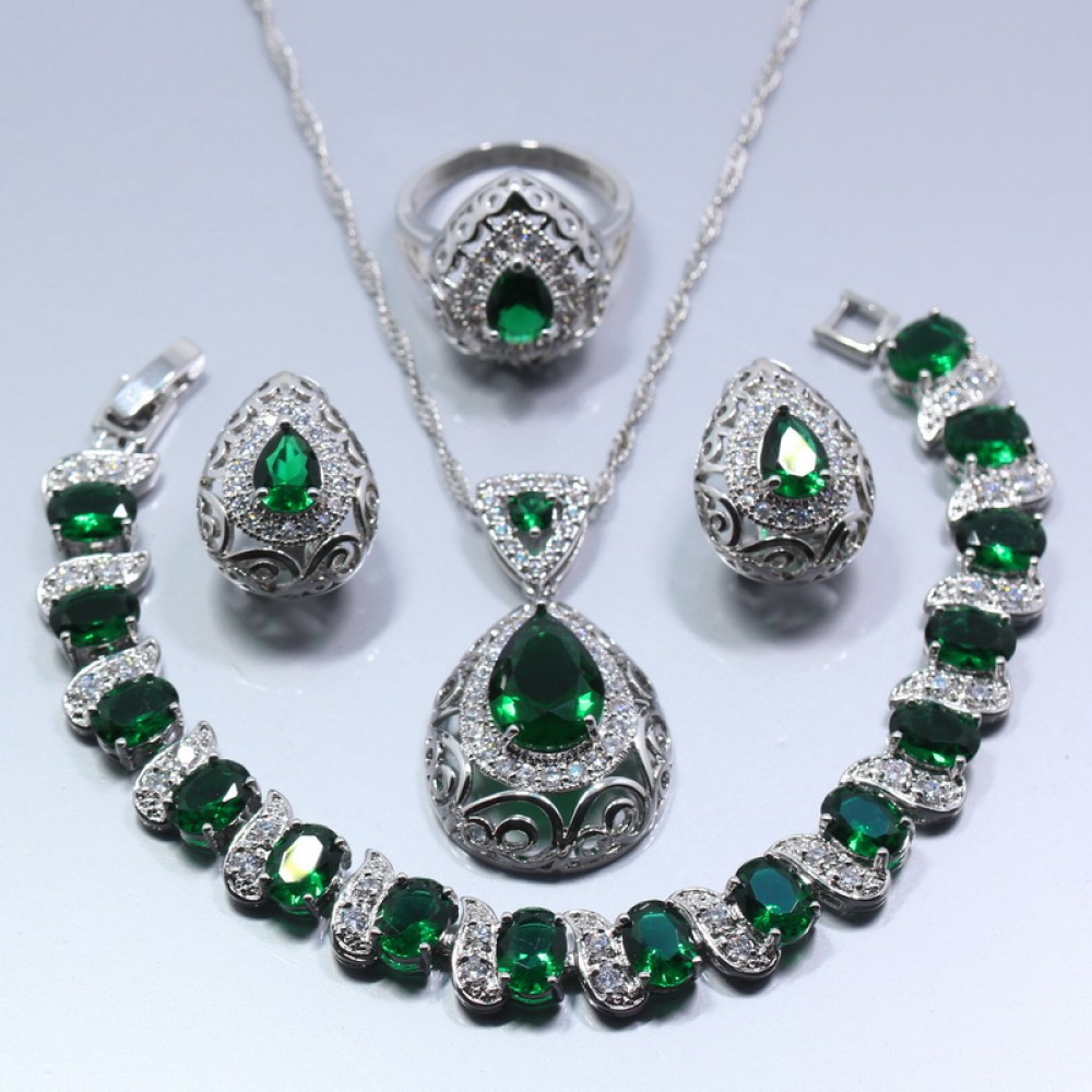 Water Drop 4PCS Jewelry Set 925 Sterling Silver Green Zircon Earrings Ring Necklace Pendant Bracelet For Women Gift Box Z119
