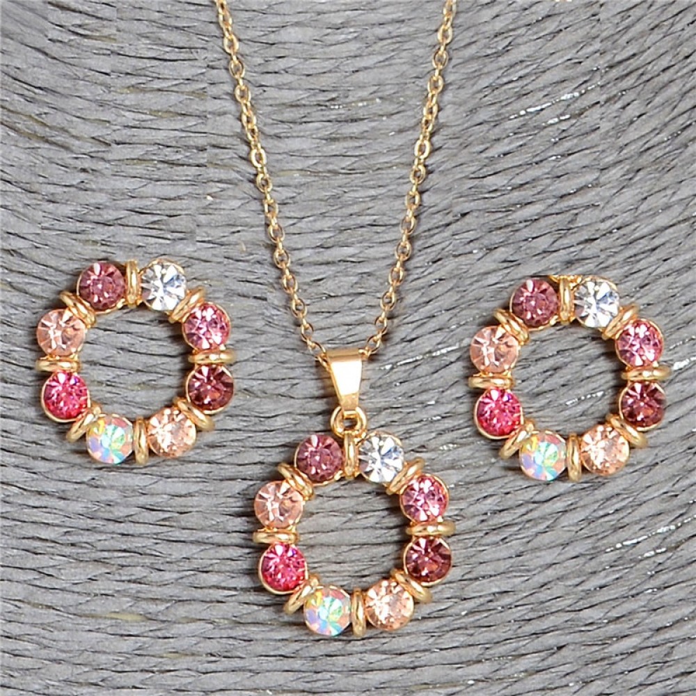 Hesiod 2 pcs/Set Gold Color Sweet Pink Round Circle Shape Pink Color Austrian Crystal Necklace Earring Jewelry Sets For Women