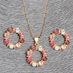 Hesiod 2 pcs/Set Gold Color Sweet Pink Round Circle Shape Pink Color Austrian Crystal Necklace Earring Jewelry Sets For Women