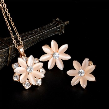 Hesiod 2 pcs/Set Gold Color Sweet Pink Round Circle Shape Pink Color Austrian Crystal Necklace Earring Jewelry Sets For Women