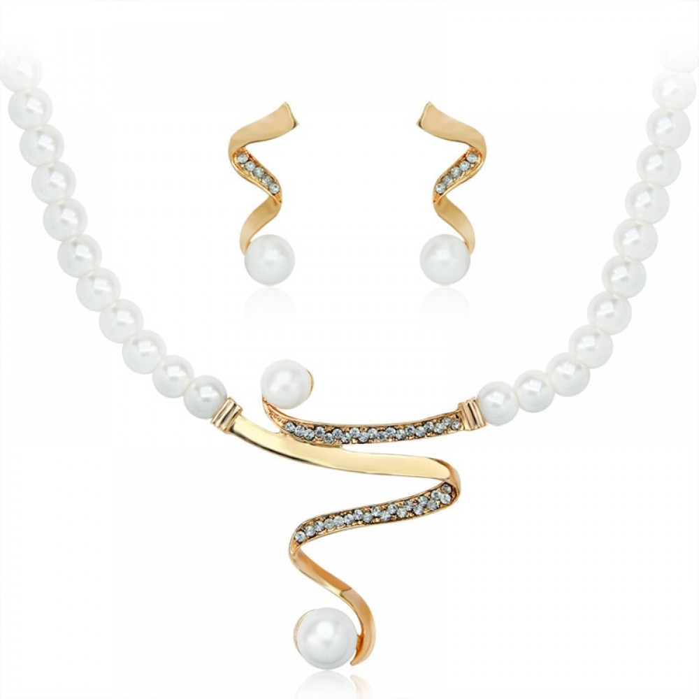 Fashion Simulated Pearl Bridal Jewelry Sets Women Luxury Crystal Imitation Metallic Ribbon Pendant Choker Necklace Earrings Set