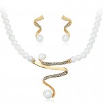 Fashion Simulated Pearl Bridal Jewelry Sets Women Luxury Crystal Imitation Metallic Ribbon Pendant Choker Necklace Earrings Set