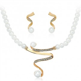 Fashion Simulated Pearl Bridal Jewelry Sets Women Luxury Crystal Imitation Metallic Ribbon Pendant Choker Necklace Earrings Set
