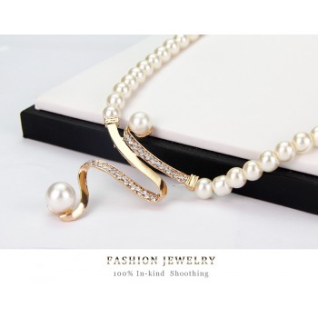 Fashion Simulated Pearl Bridal Jewelry Sets Women Luxury Crystal Imitation Metallic Ribbon Pendant Choker Necklace Earrings Set
