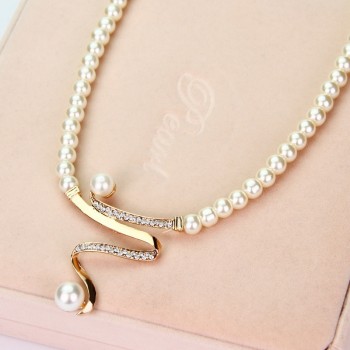 Fashion Simulated Pearl Bridal Jewelry Sets Women Luxury Crystal Imitation Metallic Ribbon Pendant Choker Necklace Earrings Set