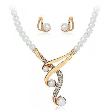 Fashion Simulated Pearl Bridal Jewelry Sets Women Luxury Crystal Imitation Metallic Ribbon Pendant Choker Necklace Earrings Set