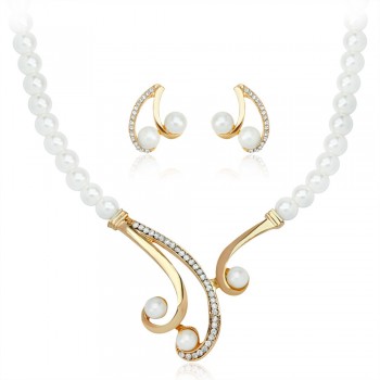 Fashion Simulated Pearl Bridal Jewelry Sets Women Luxury Crystal Imitation Metallic Ribbon Pendant Choker Necklace Earrings Set