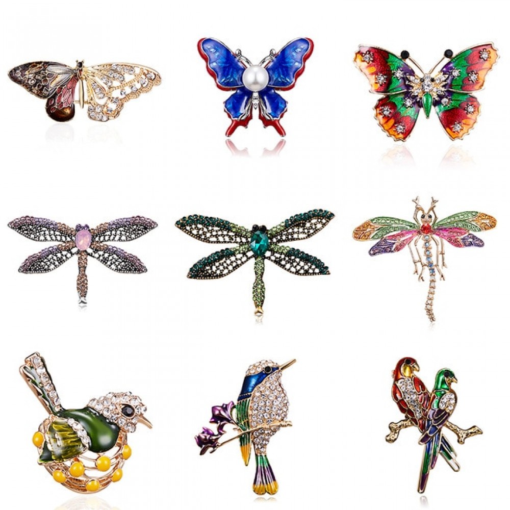 Alloy Purple Enamel Butterfly Bragonfly Bird Brooches Men And Womens Metal Rhinestone Insects Banquet Wedding Brooch Gifts