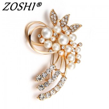ZOSHI Fashion Jewelry High Quality Vintage Gold Brooch Pins Austria Crystals Imitation Pearl Flower Brooch Wedding Accessories