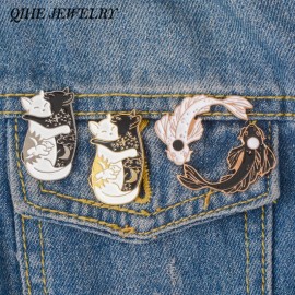 QIHE JEWELRY Yin Yang Pins Collection ~ Yin-Yang Cat And Yin-Yang Fish Brooches Badges Enamel pins Japanese Fish Jewelry