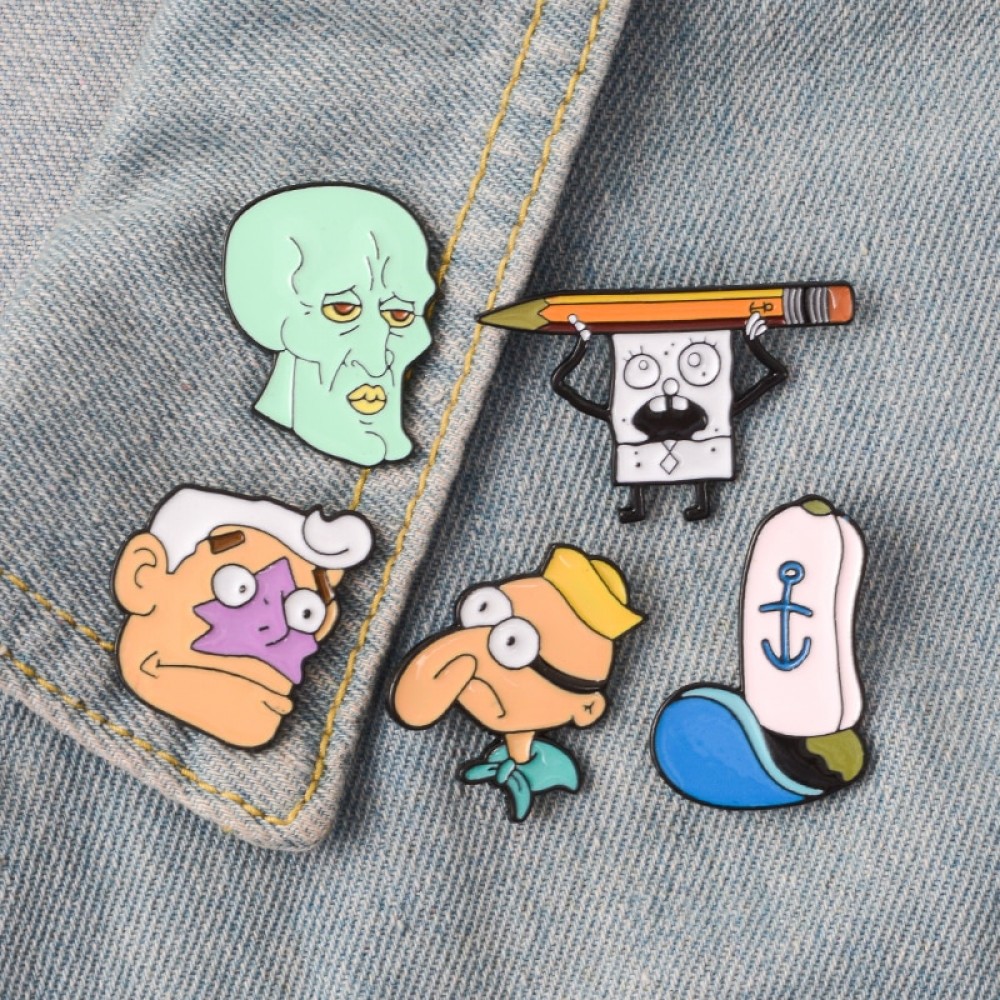 BOB BOB ! Popular Famous Bob Squidward Hat Cartoon Mermaid Man And Barnacle Boy Soft Enamel Brooches Pins For Close Friends