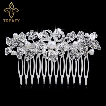 TREAZY Fashion Pearl Crystal Wedding Hair Jewelry Charm Floral Bridal Hair Combs Women Party Hairpins Wedding Hair Accessories