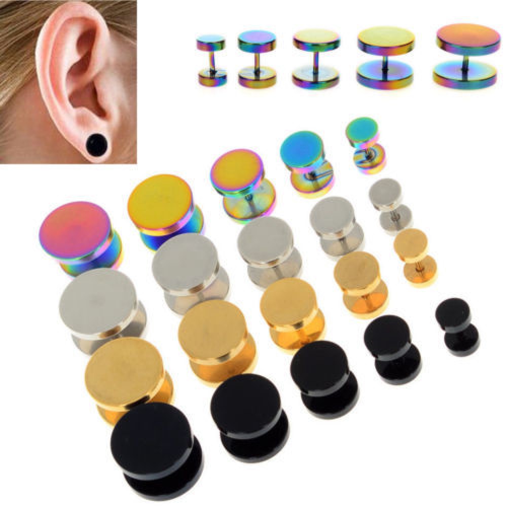 2Pcs Gold Black Stainless Steel Cheater Faux Fake Ear Plugs Flesh Tunnel Gauges Tapers Stretcher Earring 6-14mm