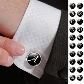 1 Pair Men Cuff Links Alphabet Single Letter A-M Black Bottom Silver Plated Wedding Party Vintage 16mm Men CuffLink