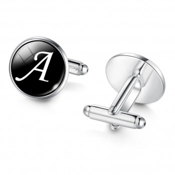 1 Pair Men Cuff Links Alphabet Single Letter A-M Black Bottom Silver Plated Wedding Party Vintage 16mm Men CuffLink
