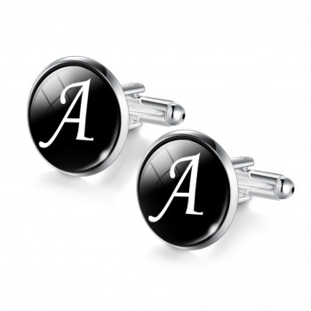 1 Pair Men Cuff Links Alphabet Single Letter A-M Black Bottom Silver Plated Wedding Party Vintage 16mm Men CuffLink