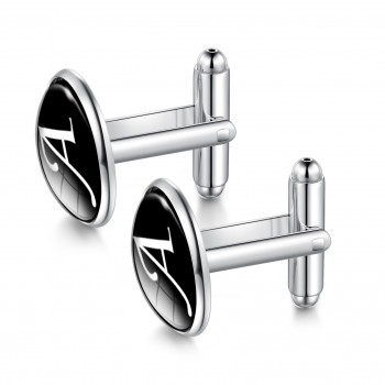 1 Pair Men Cuff Links Alphabet Single Letter A-M Black Bottom Silver Plated Wedding Party Vintage 16mm Men CuffLink