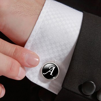 1 Pair Men Cuff Links Alphabet Single Letter A-M Black Bottom Silver Plated Wedding Party Vintage 16mm Men CuffLink