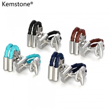 Kemstone Brown Black Blue Leather Chain Cufflinks For Wedding Groom Men Jewelry Gifts Wholesale