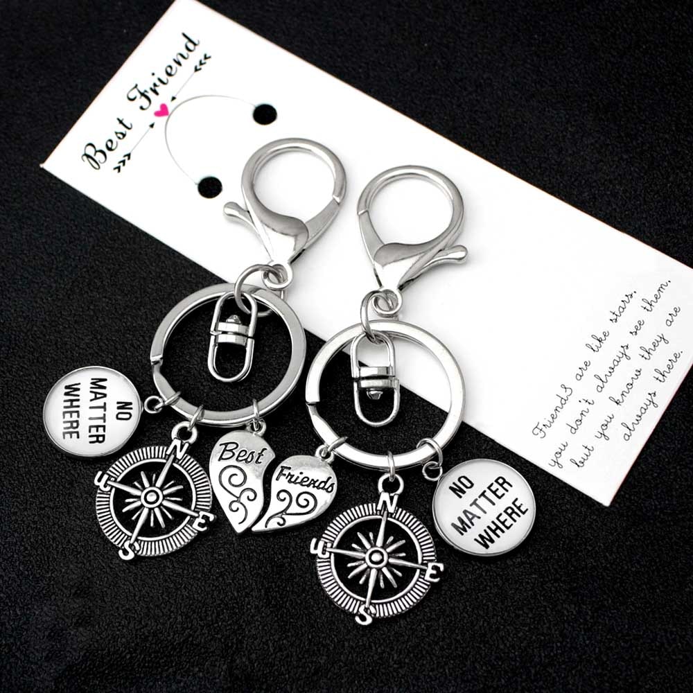Best Friends Compass No Matter Where Keychains Wings Heart Love Hand Key Chain Lobster Clasp Key Ring Women Men Jewelry Gift