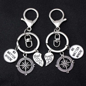 Best Friends Compass No Matter Where Keychains Wings Heart Love Hand Key Chain Lobster Clasp Key Ring Women Men Jewelry Gift