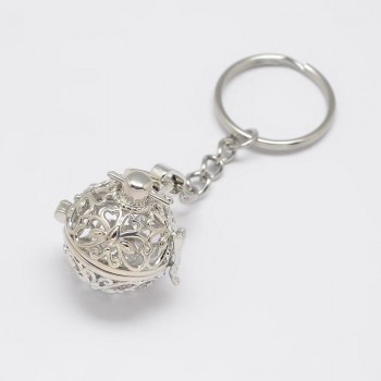5pcs Mixed Styles Brass Hollow Ball Cage Pendant Key Chains, with Steel Split Key Rings, Lead Free amp; Nickel Free amp; Cadmium Free,