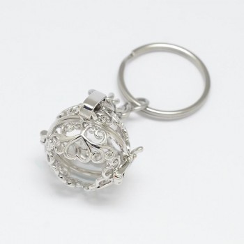 5pcs Mixed Styles Brass Hollow Ball Cage Pendant Key Chains, with Steel Split Key Rings, Lead Free amp; Nickel Free amp; Cadmium Free,