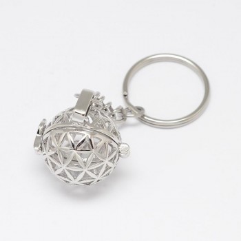 5pcs Mixed Styles Brass Hollow Ball Cage Pendant Key Chains, with Steel Split Key Rings, Lead Free amp; Nickel Free amp; Cadmium Free,