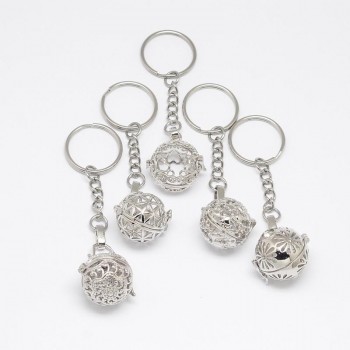 5pcs Mixed Styles Brass Hollow Ball Cage Pendant Key Chains, with Steel Split Key Rings, Lead Free amp; Nickel Free amp; Cadmium Free,