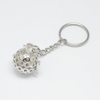 5pcs Mixed Styles Brass Hollow Ball Cage Pendant Key Chains, with Steel Split Key Rings, Lead Free amp; Nickel Free amp; Cadmium Free,