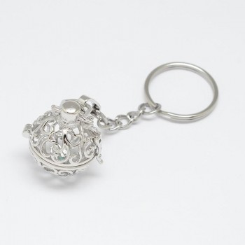 5pcs Mixed Styles Brass Hollow Ball Cage Pendant Key Chains, with Steel Split Key Rings, Lead Free amp; Nickel Free amp; Cadmium Free,