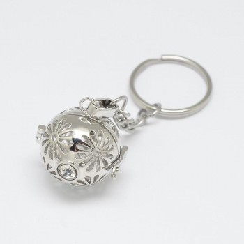 5pcs Mixed Styles Brass Hollow Ball Cage Pendant Key Chains, with Steel Split Key Rings, Lead Free amp; Nickel Free amp; Cadmium Free,