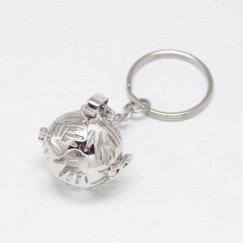 5pcs Mixed Styles Brass Hollow Ball Cage Pendant Key Chains, with Steel Split Key Rings, Lead Free amp; Nickel Free amp; Cadmium Free,