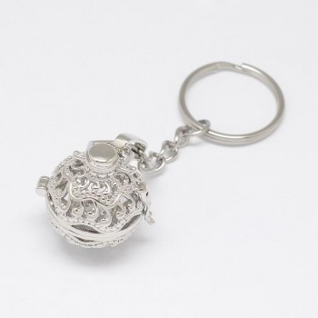 5pcs Mixed Styles Brass Hollow Ball Cage Pendant Key Chains, with Steel Split Key Rings, Lead Free amp; Nickel Free amp; Cadmium Free,