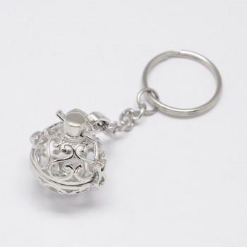 5pcs Mixed Styles Brass Hollow Ball Cage Pendant Key Chains, with Steel Split Key Rings, Lead Free amp; Nickel Free amp; Cadmium Free,