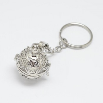 5pcs Mixed Styles Brass Hollow Ball Cage Pendant Key Chains, with Steel Split Key Rings, Lead Free amp; Nickel Free amp; Cadmium Free,