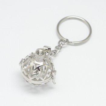 5pcs Mixed Styles Brass Hollow Ball Cage Pendant Key Chains, with Steel Split Key Rings, Lead Free amp; Nickel Free amp; Cadmium Free,
