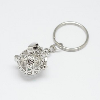 5pcs Mixed Styles Brass Hollow Ball Cage Pendant Key Chains, with Steel Split Key Rings, Lead Free amp; Nickel Free amp; Cadmium Free,
