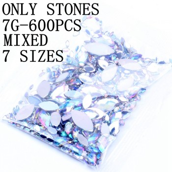 Mix 7 Size 600pcs Set Acrylic Crystal AB Marquise Earth Face Flat back Rhinestones Shiny Beads DIY Nail Art Jewelry Decoration