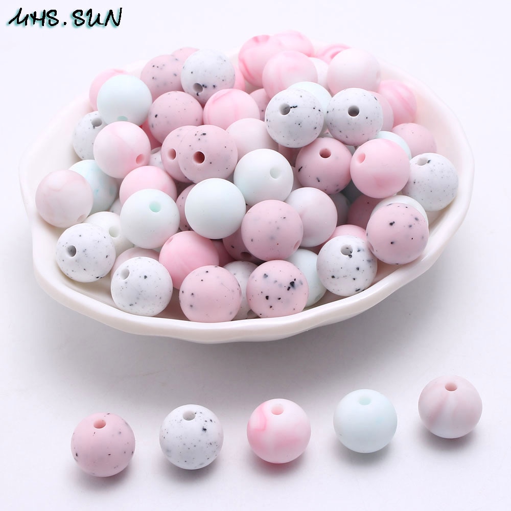 MHS.SUN Round Loose Silicone Beads for Teething Necklace Baby Jewelry For Chew Teether BPA Free Imitates Marble Food Grade Beads