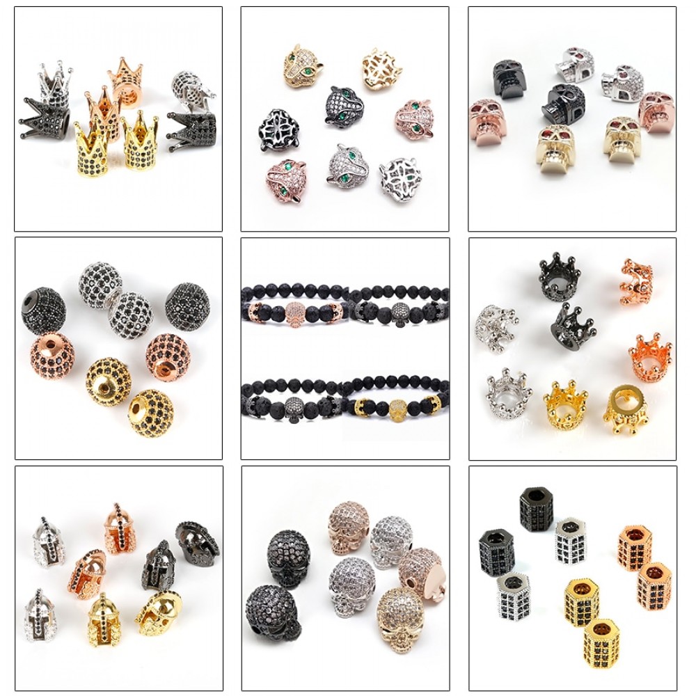 Fashion Metal Brass Micro Pave Crystal CZ Geometry Crown Leopard Helmet Skull Round Space Beads for Jewelry DIY Bracelet Making