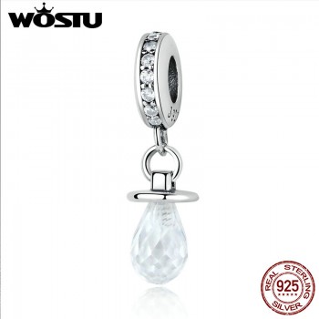 Real 925 Sterling Silver Cute Pacifier Milk Bottle Dangle Charm, Clear CZ Fit Original Bracelet Pendant For Girl Baby Jewelry