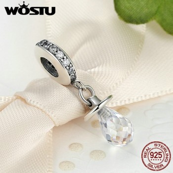 Real 925 Sterling Silver Cute Pacifier Milk Bottle Dangle Charm, Clear CZ Fit Original Bracelet Pendant For Girl Baby Jewelry
