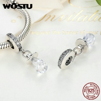 Real 925 Sterling Silver Cute Pacifier Milk Bottle Dangle Charm, Clear CZ Fit Original Bracelet Pendant For Girl Baby Jewelry