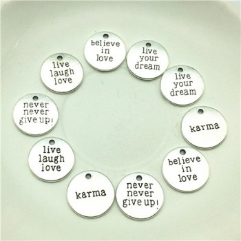 LJJAGLL 10pcs Metal Alloy Silver 19*19mm Mix 5kinds Letter Charm Love Word Round Plate Pendant Diy Jewelry Make AZP005