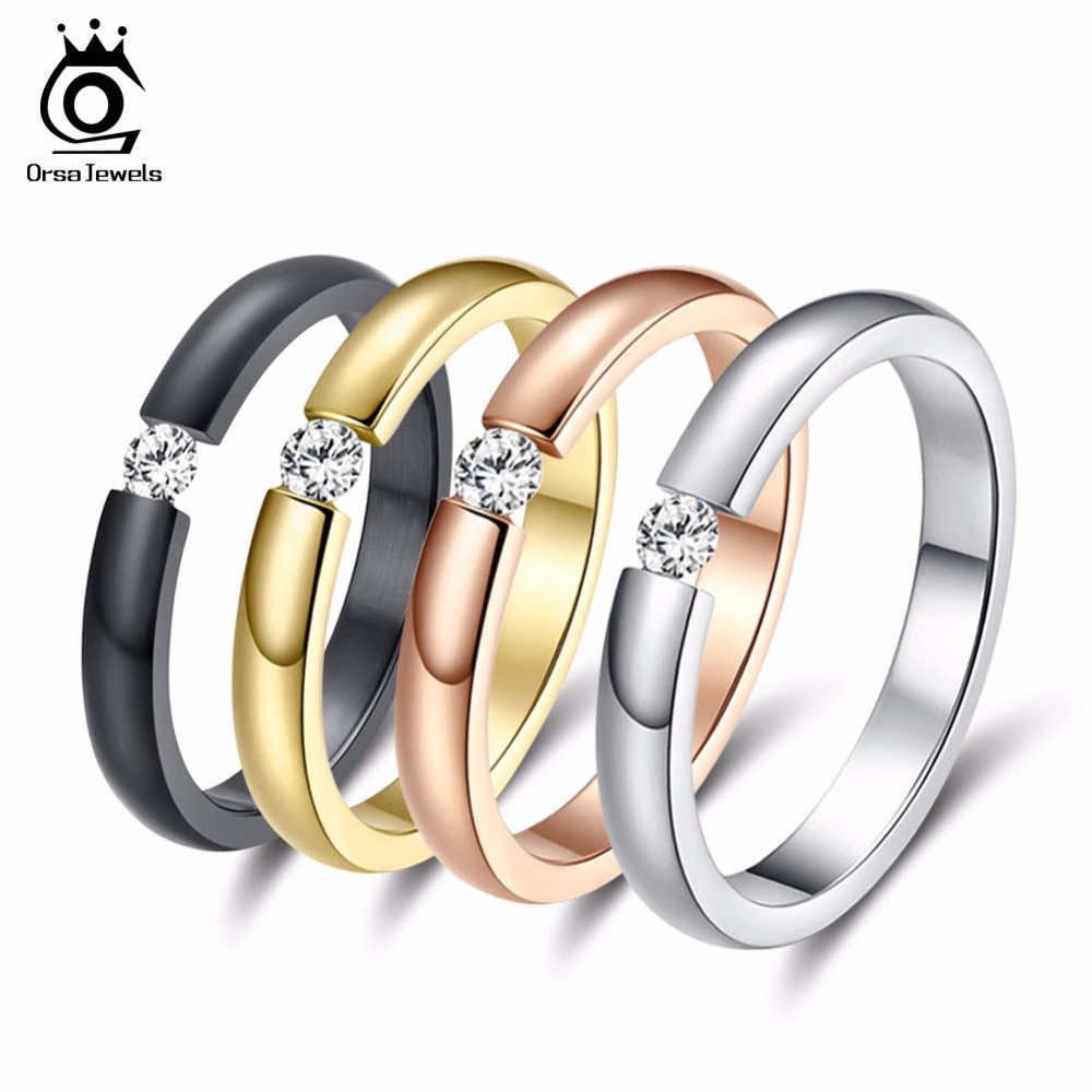 ORSA JEWELS New Fashion 316L Stainless Steel Rings Shining Crystal Men Women Wedding Engagement Rings 4 Colors Available OTR48